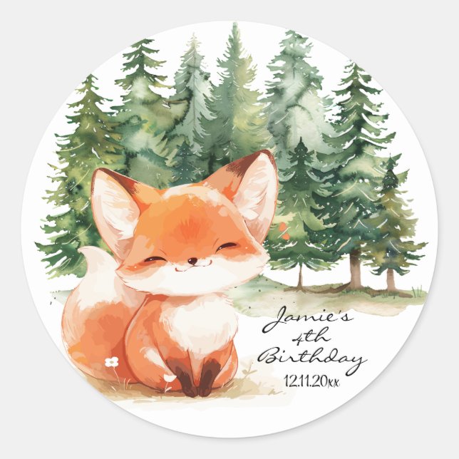 Whimsical Woodland Baby Fox 4. Geburtstag Runder Aufkleber (Vorderseite)