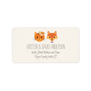 Whimsical Woodland Cat & Fox Couple Wedding Adressaufkleber