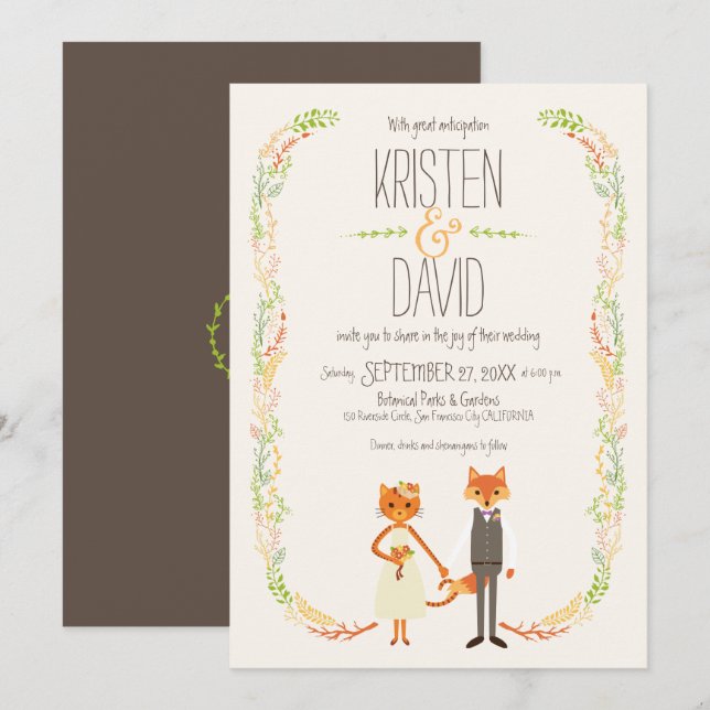 Whimsical Woodland Cat & Fox Couple Wedding Einladung (Vorne/Hinten)