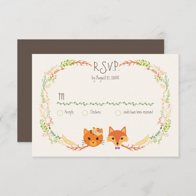 Whimsical Woodland Cat & Fox Couple Wedding RSVP (Vorne/Hinten)