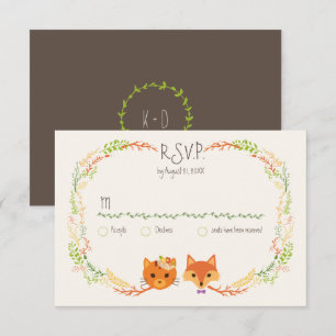 Whimsical Woodland Cat & Fox Couple Wedding RSVP Karte