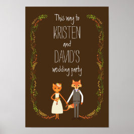 Whimsical Woodland Cat & Fox Couple Wedding Sign Poster