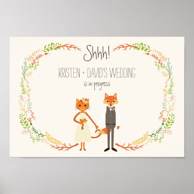 Whimsical Woodland Cat & Fox Hochzeit in Arbeit Poster (Vorne)