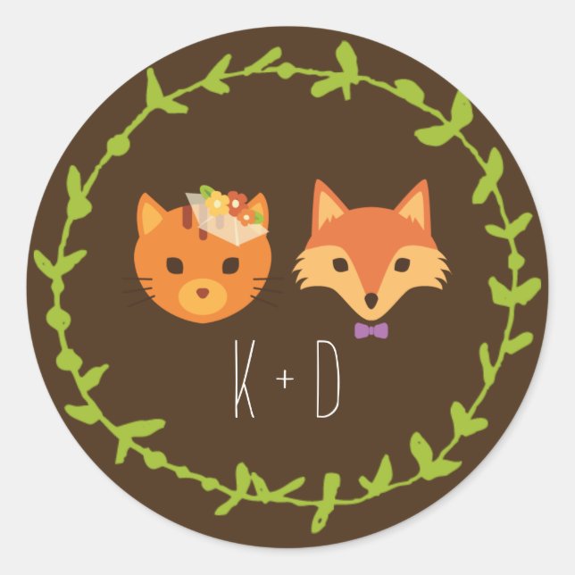 Whimsical Woodland Cat & Fox Hochzeit Runder Aufkleber (Vorderseite)
