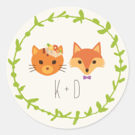 Whimsical Woodland Cat & Fox Hochzeit Runder Aufkleber