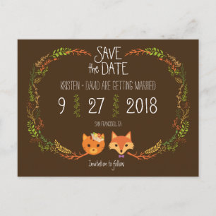 Whimsical Woodland Cat & Fox Hochzeit Speichern Si Ankündigungspostkarte