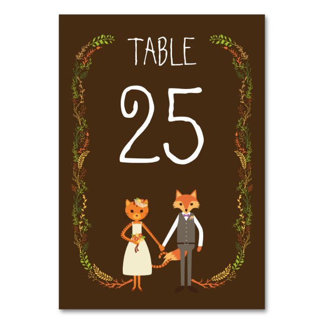 Whimsical Woodland Cat & Fox Hochzeitsinformatione Tischnummer (Rückseite)