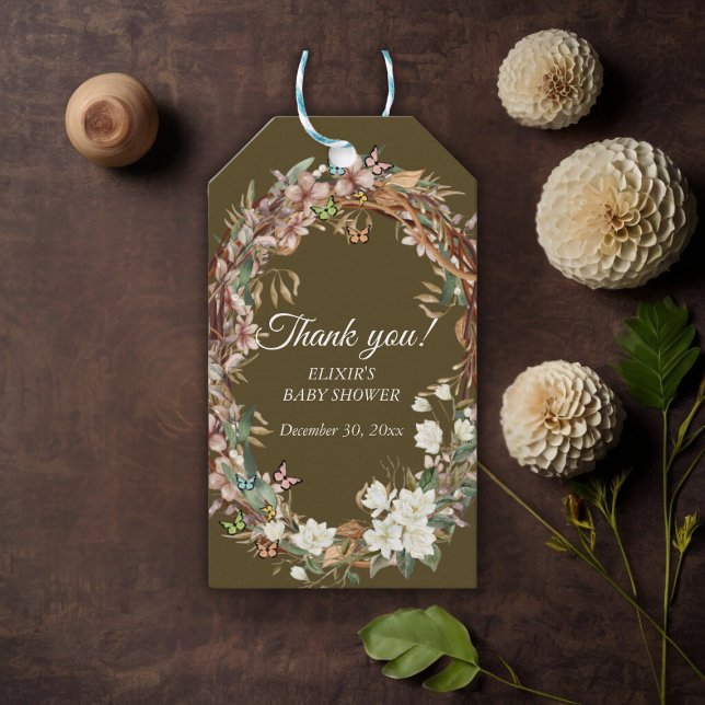 Whimsical Woodland Floral Foto Babydusche Geschenkanhänger (Von Creator hochgeladen)