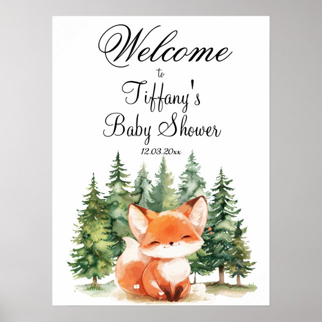 Whimsical Woodland Fox Baby Dusche Willkommen Poster (Vorne)