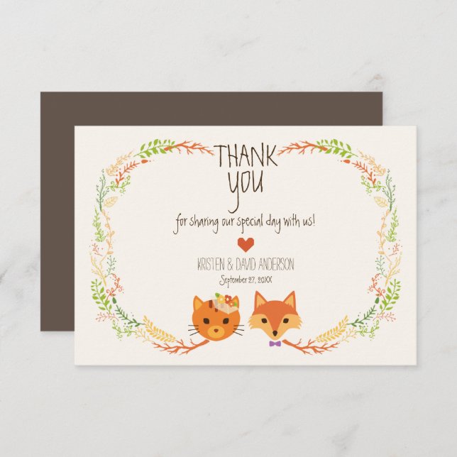 Whimsical Woodland Fox & Cat Wedding Dankeskarte (Vorne/Hinten)