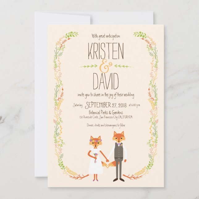 Whimsical Woodland Foxes Elfenbeinhochzeit Einladung (Vorderseite)