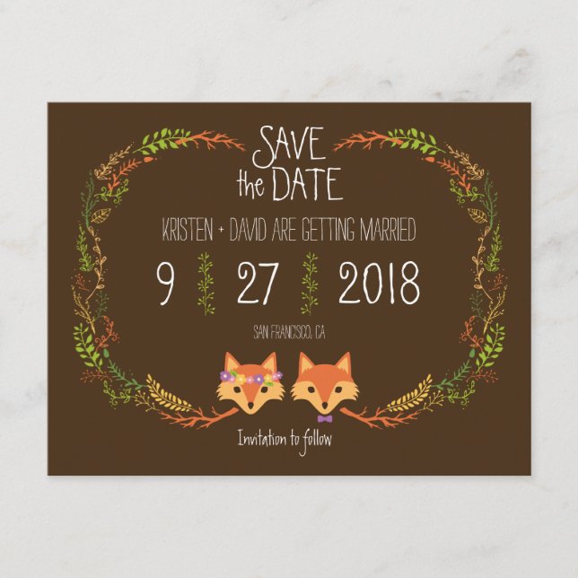 Whimsical Woodland Füchse Hochzeit Save the Date (Vorderseite)