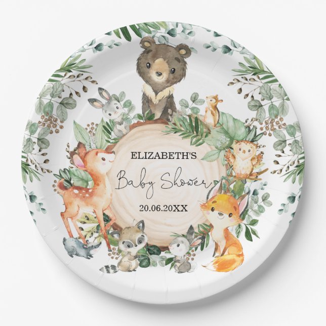 Whimsical Woodland Grünpflanzen Tiere Baby Dusche Pappteller (Vorderseite)