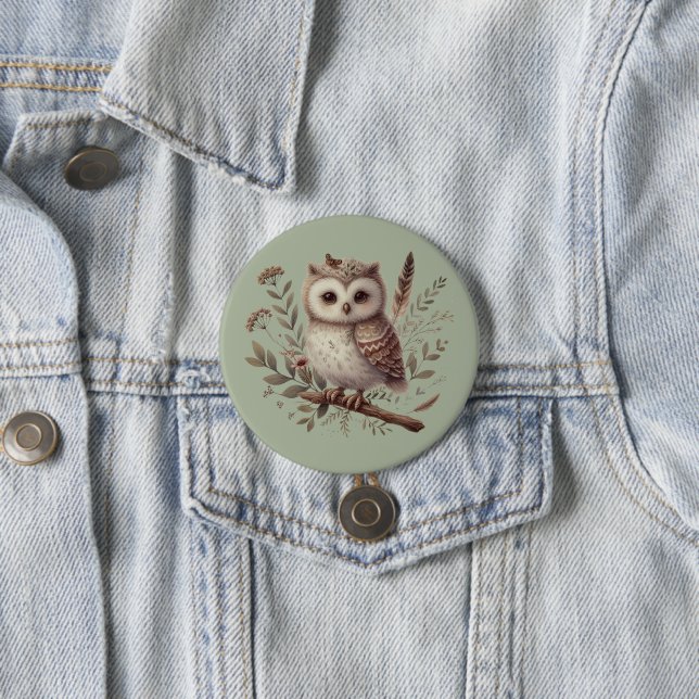 Whimsical Woodland Owl Botanical Illustration Button (Beispiel)
