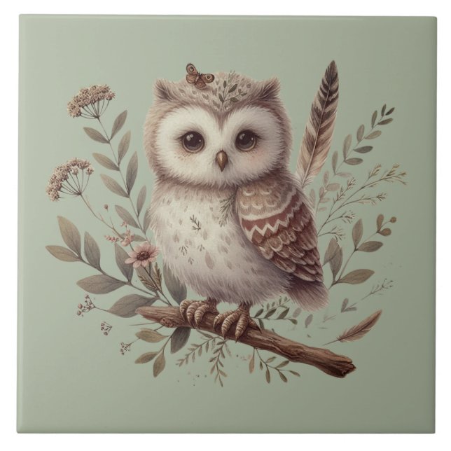 Whimsical Woodland Owl Botanical Illustration Fliese (Vorderseite)