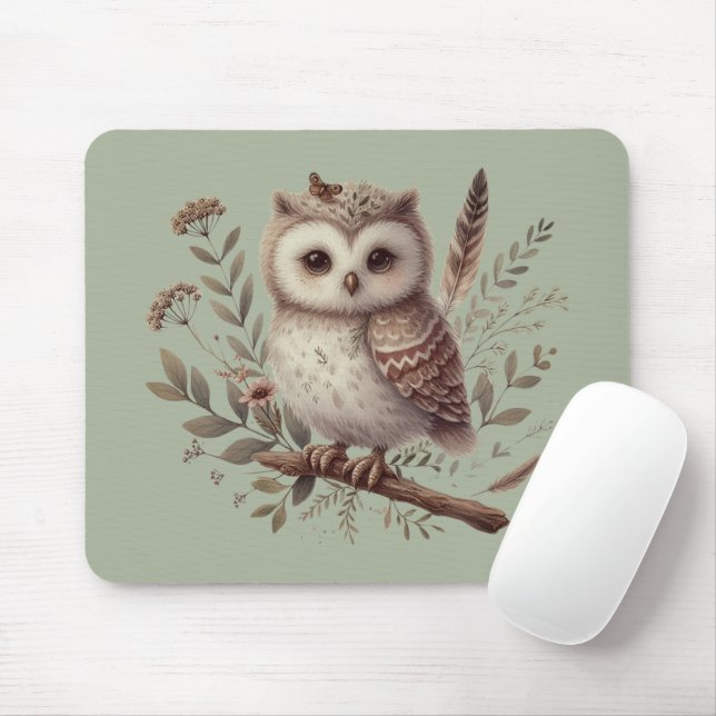 Whimsical Woodland Owl Botanical Illustration Mousepad (Mit Mouse)