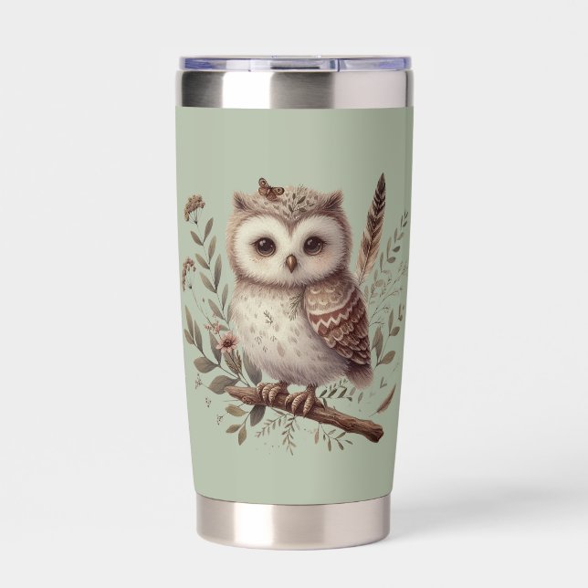 Whimsical Woodland Owl Botanical Illustration Thermobecher (Vorderseite)