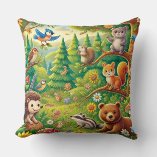 Whimsical Woodland Szene mit Niedlichen Tieren Kissen