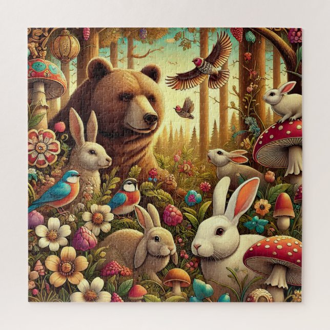 Whimsical Woodland Szene mit Niedlichen Tieren Puzzle (Vertikal)