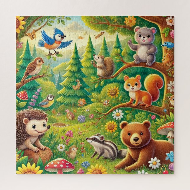 Whimsical Woodland Szene mit Niedlichen Tieren Puzzle (Vertikal)