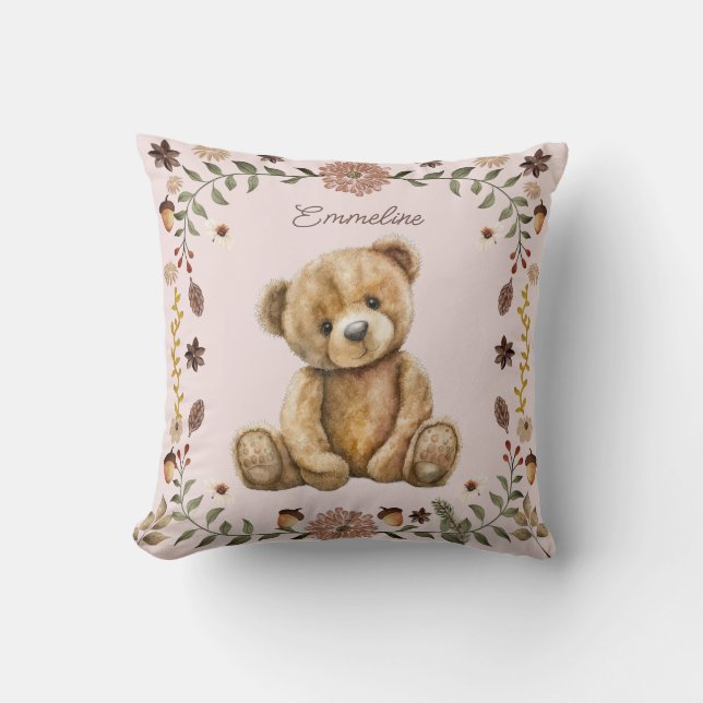 Whimsical Woodland Teddy BearBlush Pink Kinderzimm Kissen (Vorderseite)