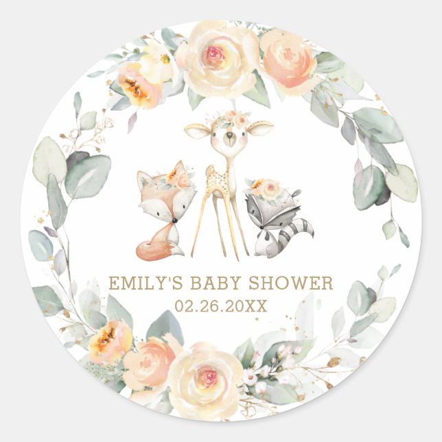 Whimsical Woodland Tiere Gelbe Flora Gefallen Runder Aufkleber (Vorderseite)