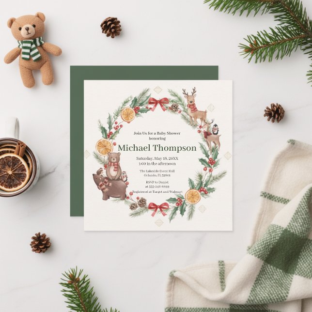 Whimsical Woodland Wreath Baby Shower Invitation Einladung (woodland baby shower)