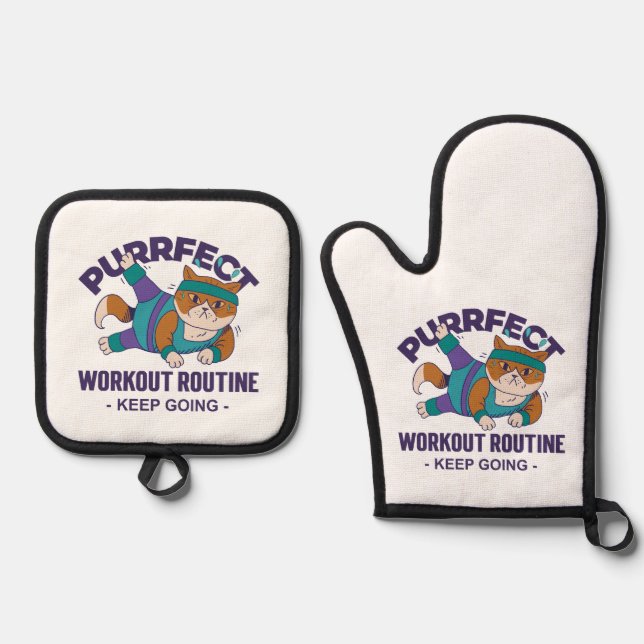 Whimsical Workout Cat Ofenhandschuh & Topflappen-Set (Vorderseite)