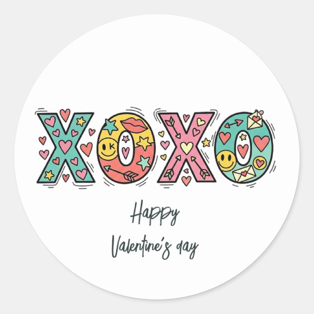 Whimsical "XOXO"Hearts Happy Valentine's Day  Runder Aufkleber (Vorderseite)