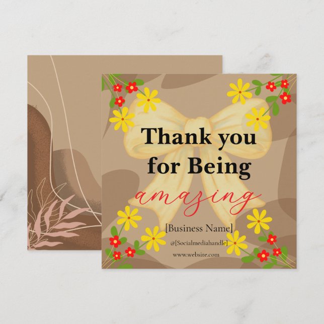 Whimsical Yellow Bow & Red Floral Thank You Card Dankeskarte (Vorne/Hinten)