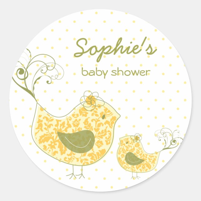 Whimsical Yellow Damask Mommy Bird & Baby Dusche Runder Aufkleber (Vorderseite)