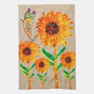 Whimsical Yellow Sunblüten und Vogelküche Handtuch