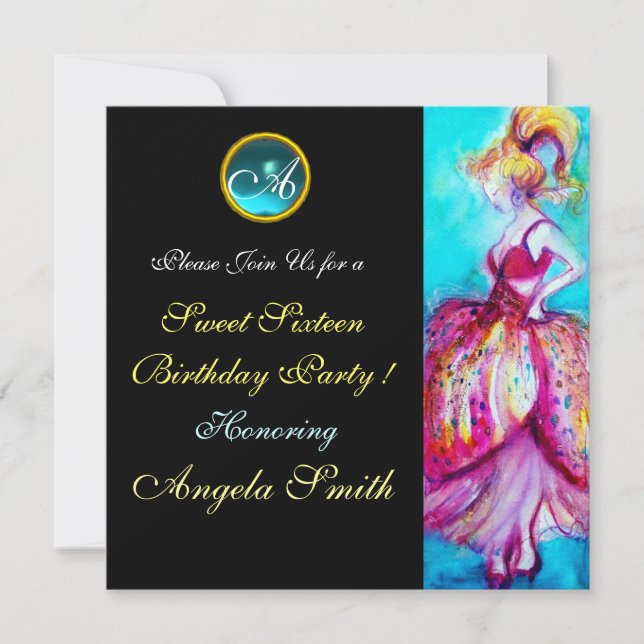WHIMSICAL YOUNG MIRL SWEET 16 PARTY GEM MONOGRAM EINLADUNG (Vorderseite)