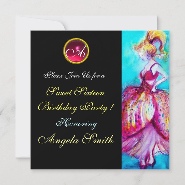 WHIMSICAL YOUNG MIRL SWEET 16 PARTY GEM MONOGRAM EINLADUNG (Vorderseite)