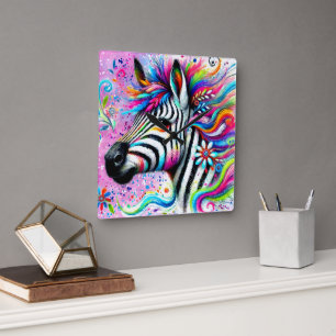 Whimsical Zebra Floral Pink Aquamarin grüne Daisy Quadratische Wanduhr