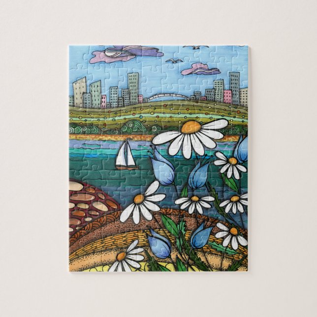 Whimsical Zentangle Gänseblümchen und Stadt-Skylin Puzzle (Vertikal)
