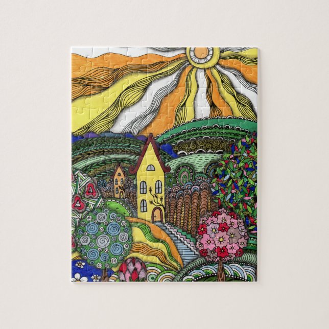 Whimsical Zentangle Märchenhaus & Sonnige Hügel  Puzzle (Vertikal)