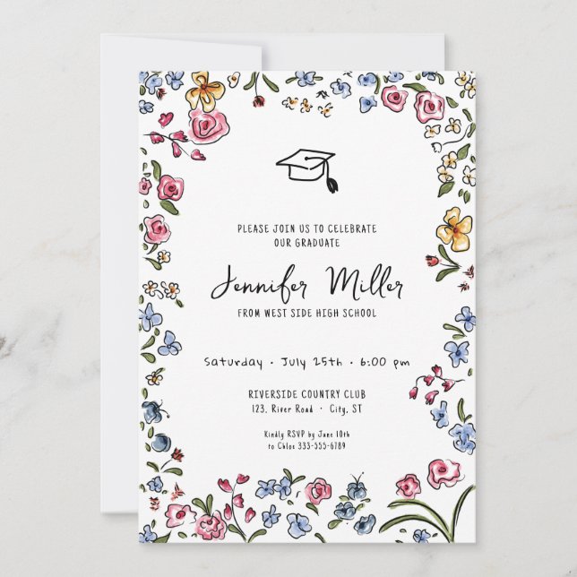 Whimsicalbloms handgezeichnete Graduierungspartei  Feiertagskarte (Vorderseite)