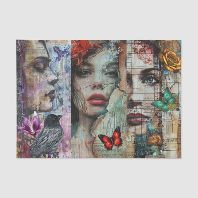Whimsicaler abstrakter Kunstcollage-Decoupage Seidenpapier (Vorderseite)