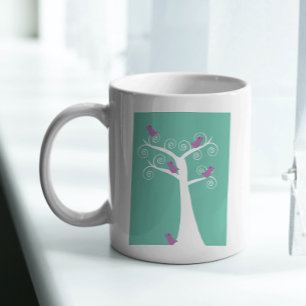 Whimsicaler Baum mit lila Vögeln Kunst Kaffeetasse
