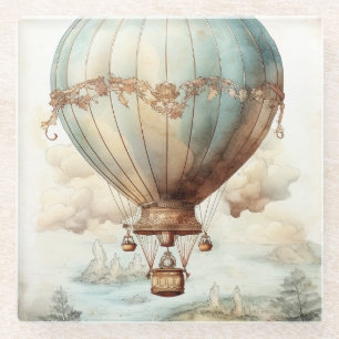 Whimsicaler blauer Heißluftballon im Antikstil Glasuntersetzer