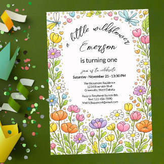 Whimsicaler bunter kleiner Wildblume 1. Geburtstag Einladung