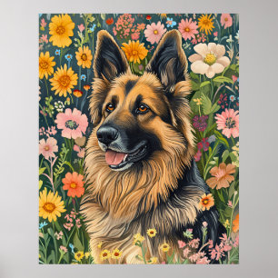 Whimsicaler Deutscher Schäferhund in einem Blumeng Poster