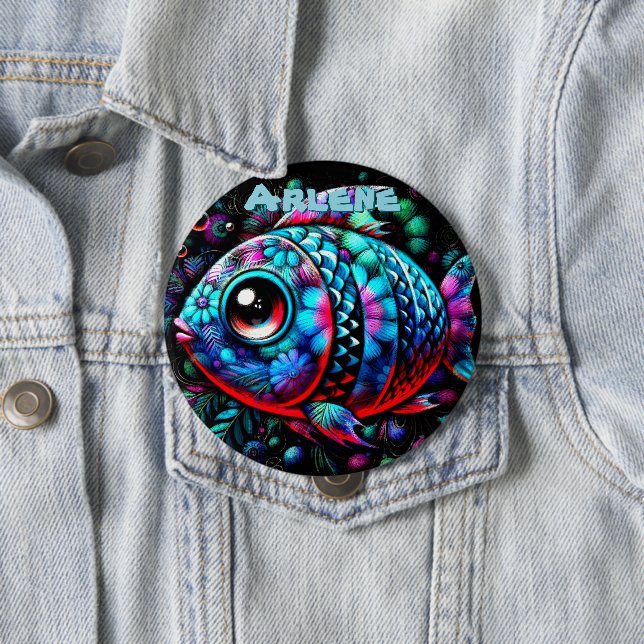Whimsicaler Fisch mit großen Augen, nautisch perso Button (Beispiel)