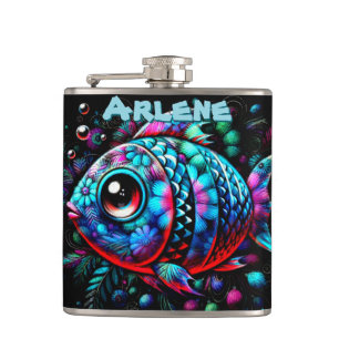 Whimsicaler Fisch mit großen Augen, nautisch perso Flachmann