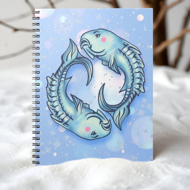 Whimsicaler Fische-Träumer-Mädchen-Himmel Meer Grü Notizblock (Whimsical Pisces fish notebook with dreamy sea colors, blush cheeks, and sparkling bubbles.)