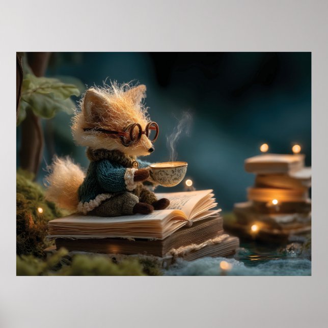 Whimsicaler Fuchs liest Buch und trinkt Tee Poster (Vorne)