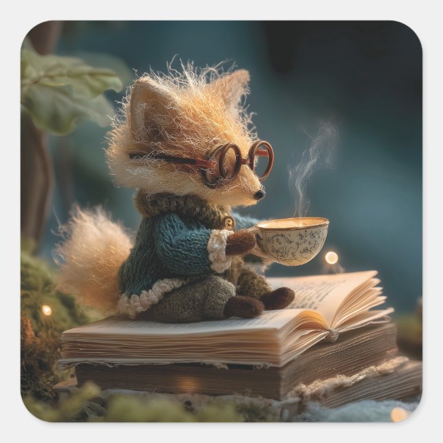 Whimsicaler Fuchs liest Buch und trinkt Tee Quadratischer Aufkleber (Vorderseite)