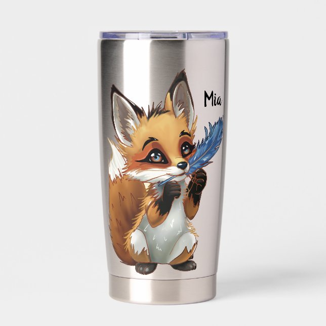 Whimsicaler Fuchs mit einer Feder Thermobecher (Vorderseite)