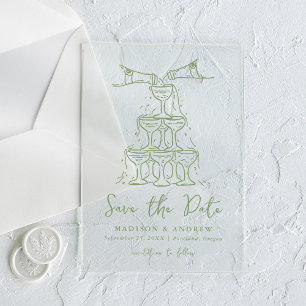 Whimsicaler grüner Champagner-Turm Save-the-Date-K Acryleinladungen